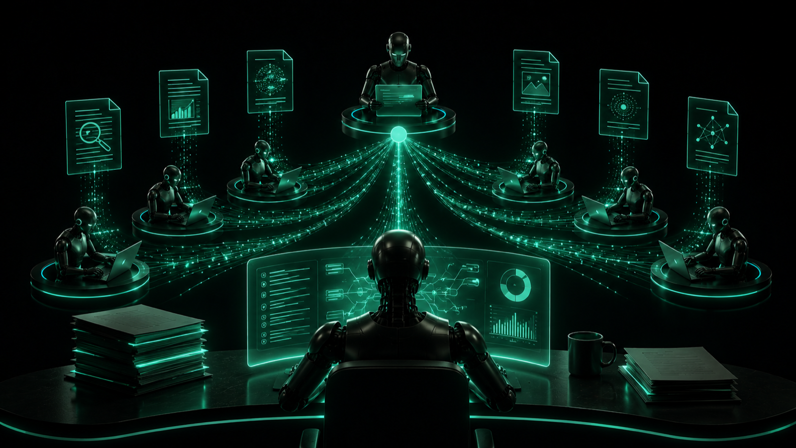 One task at the center splitting into many parallel glowing agent streams, each carrying its own heavy load of tokens, fanning outward and rejoining