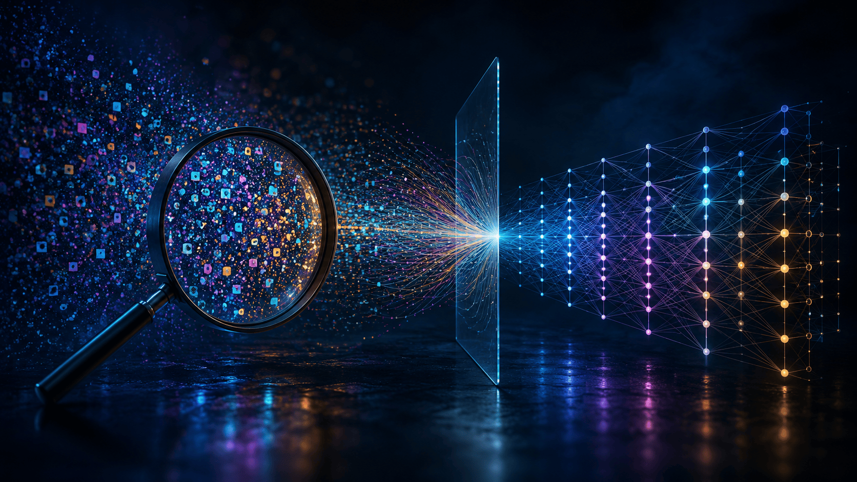 A magnifying glass examines scattered data on the left; light passes through a lens and resolves into ordered neural-net patterns on the right.