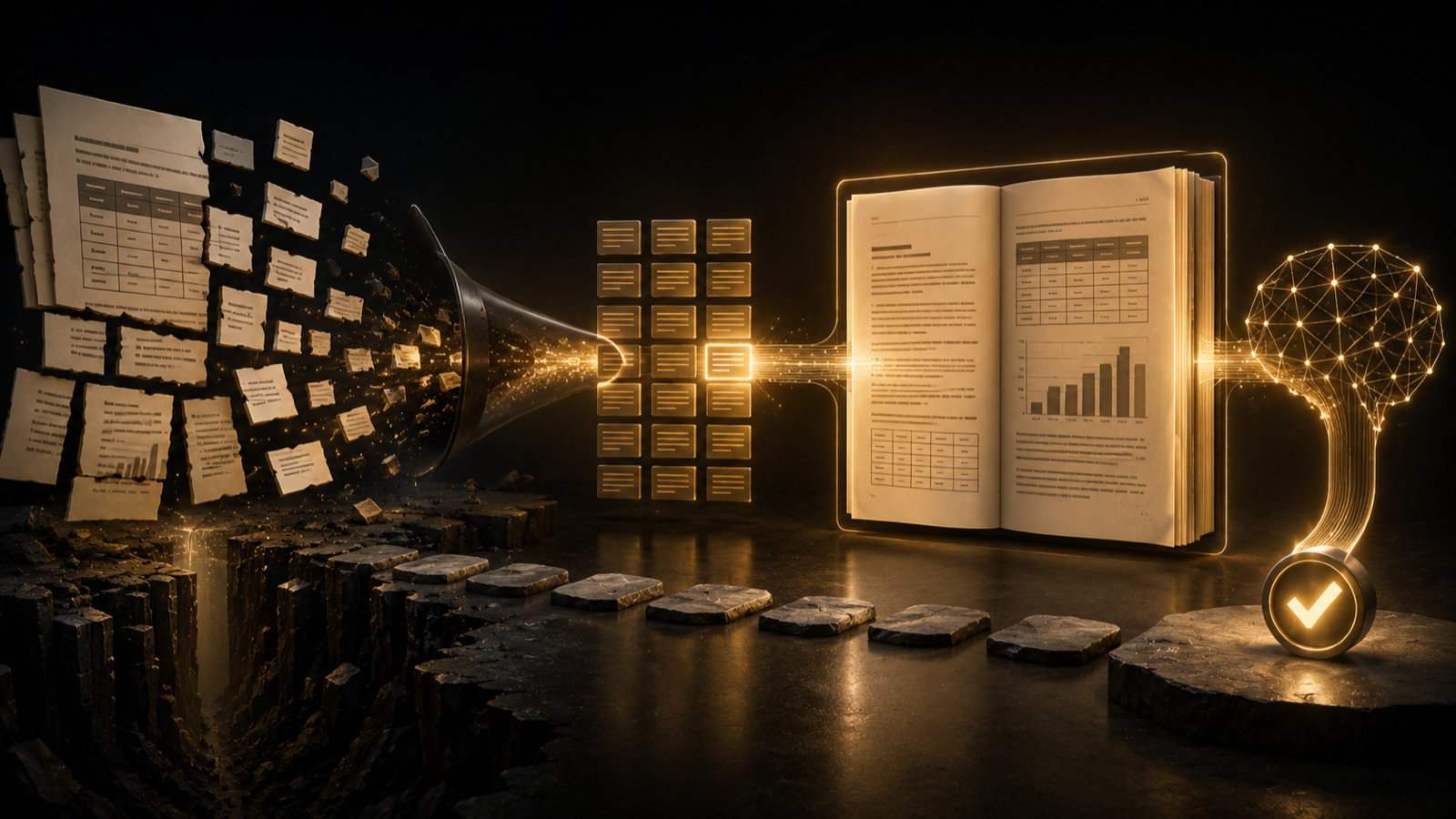 A document being sliced by a rigid grid that cuts straight through a sentence and a table, with the severed halves drifting apart