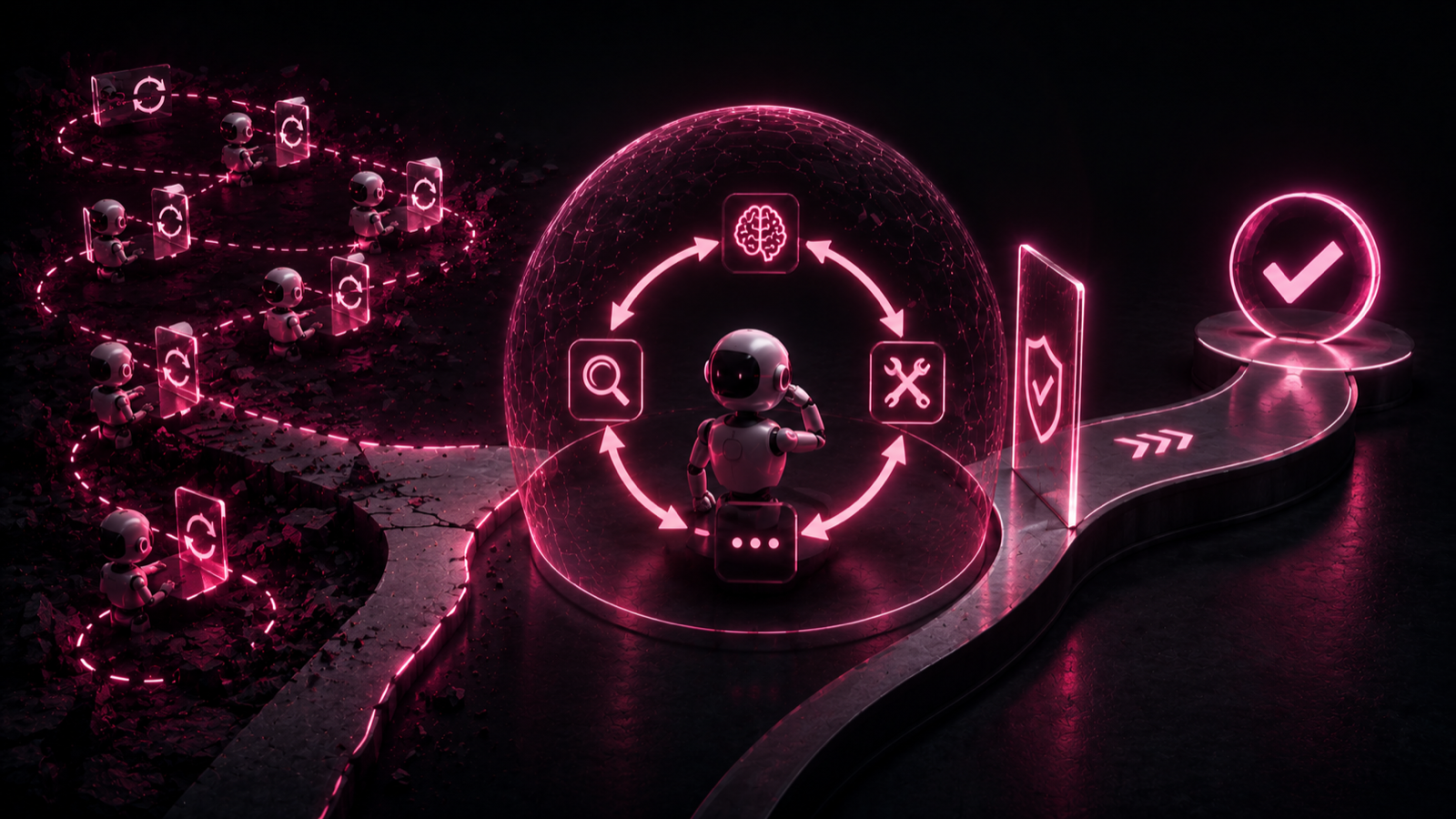 An AI agent walking an endless circular track that loops back on itself with no exit, the same glowing steps repeating around the ring