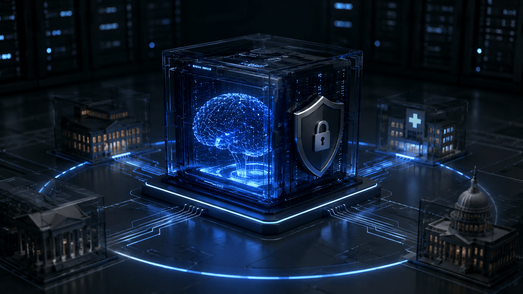 A glowing brain inside a locked, shielded data cube, surrounded by regulated-industry buildings.